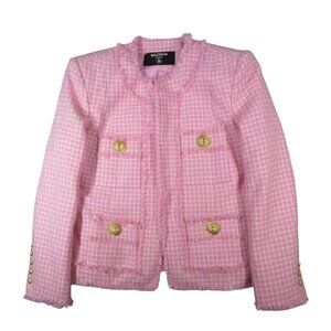 Balmain Paris Pink & White Gingham Tweed Blazer Womens, Size 42 / Large, Luxury